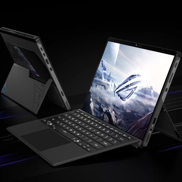 03_Two ROG Flow Z13 shown in front and back views, featuring a detachable keyboard and glowing accents in a dark setting